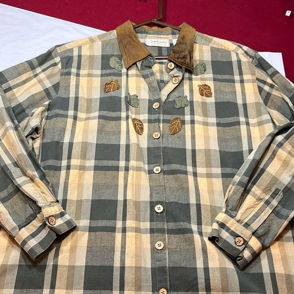 Lemon grass FALL LEAVES autumn thanksgivjng plaid SHIRT leather collar size 20 - Picture 11 of 16